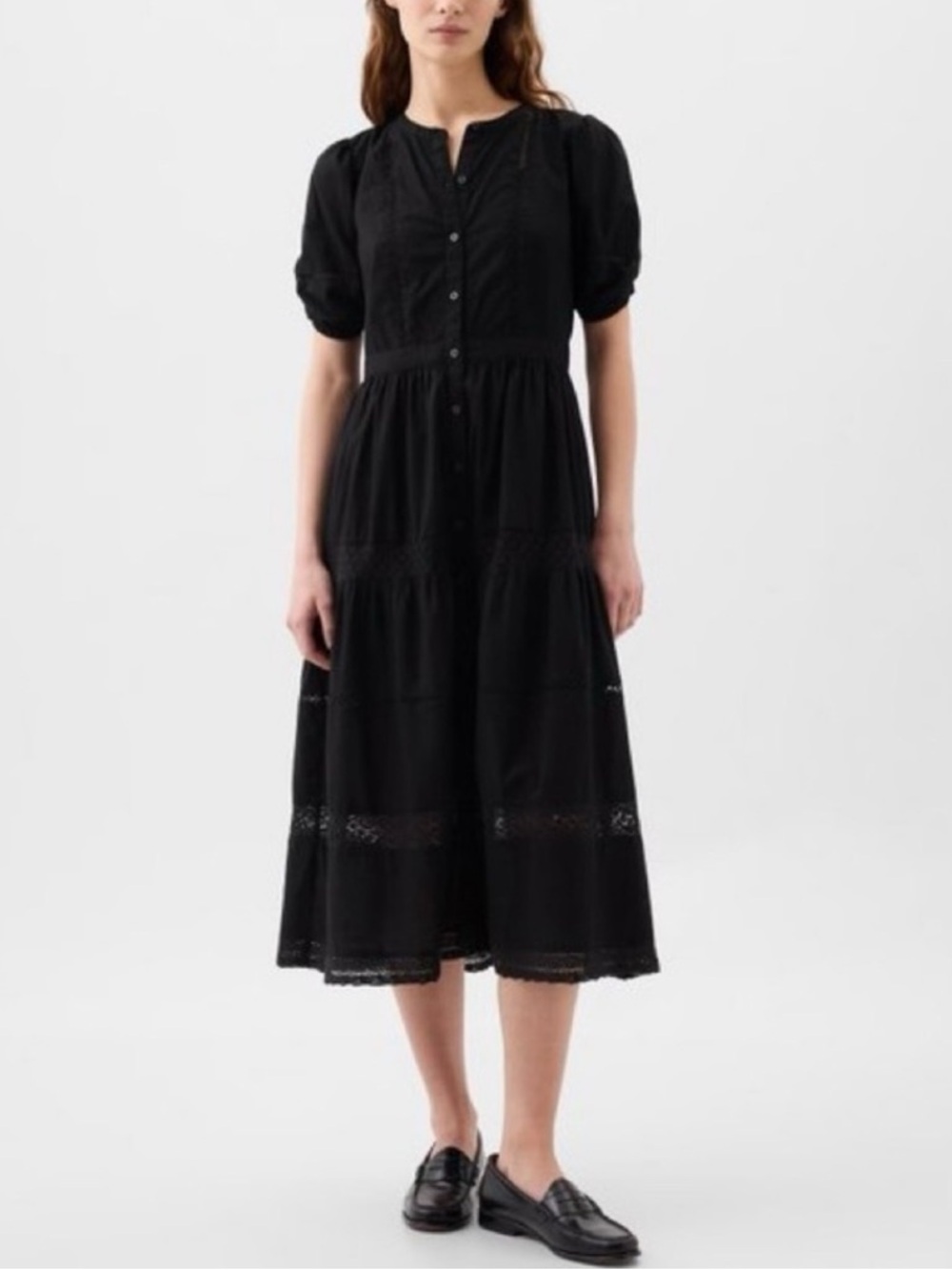 GAP Black Puff Sleeve Lace Midi Dress Size L Tall
